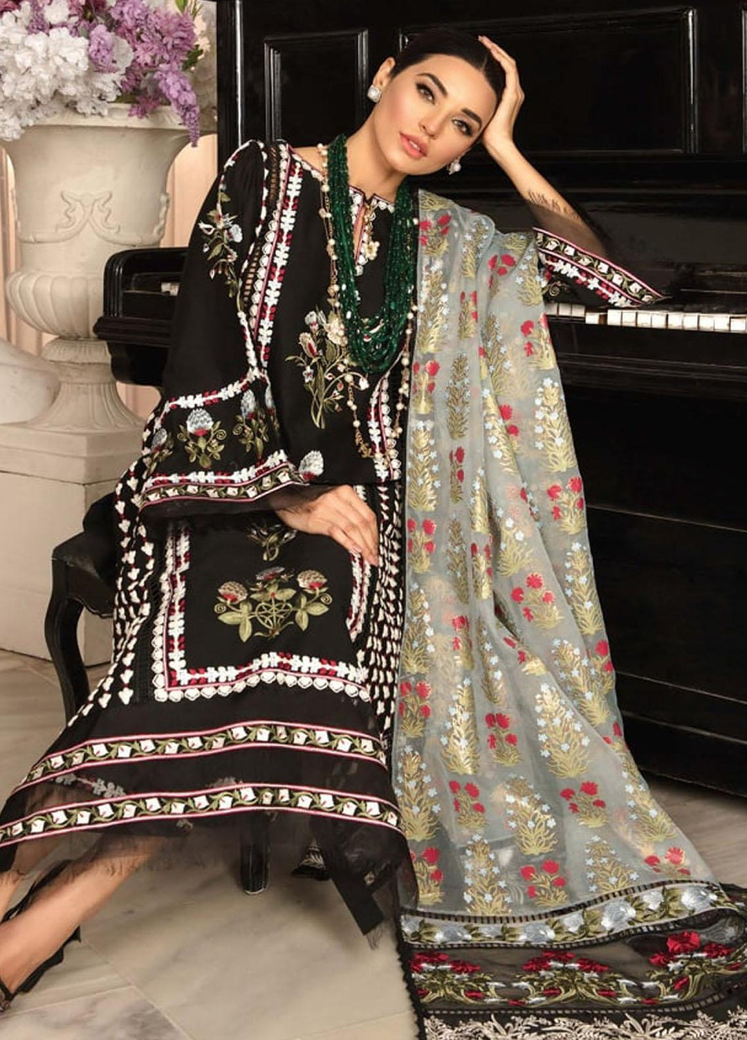 Crimson by Saira Shakira Embroidered Lawn Suits Unstitched 3 Piece CR21LS 8B-EBONY - Luxury Collection