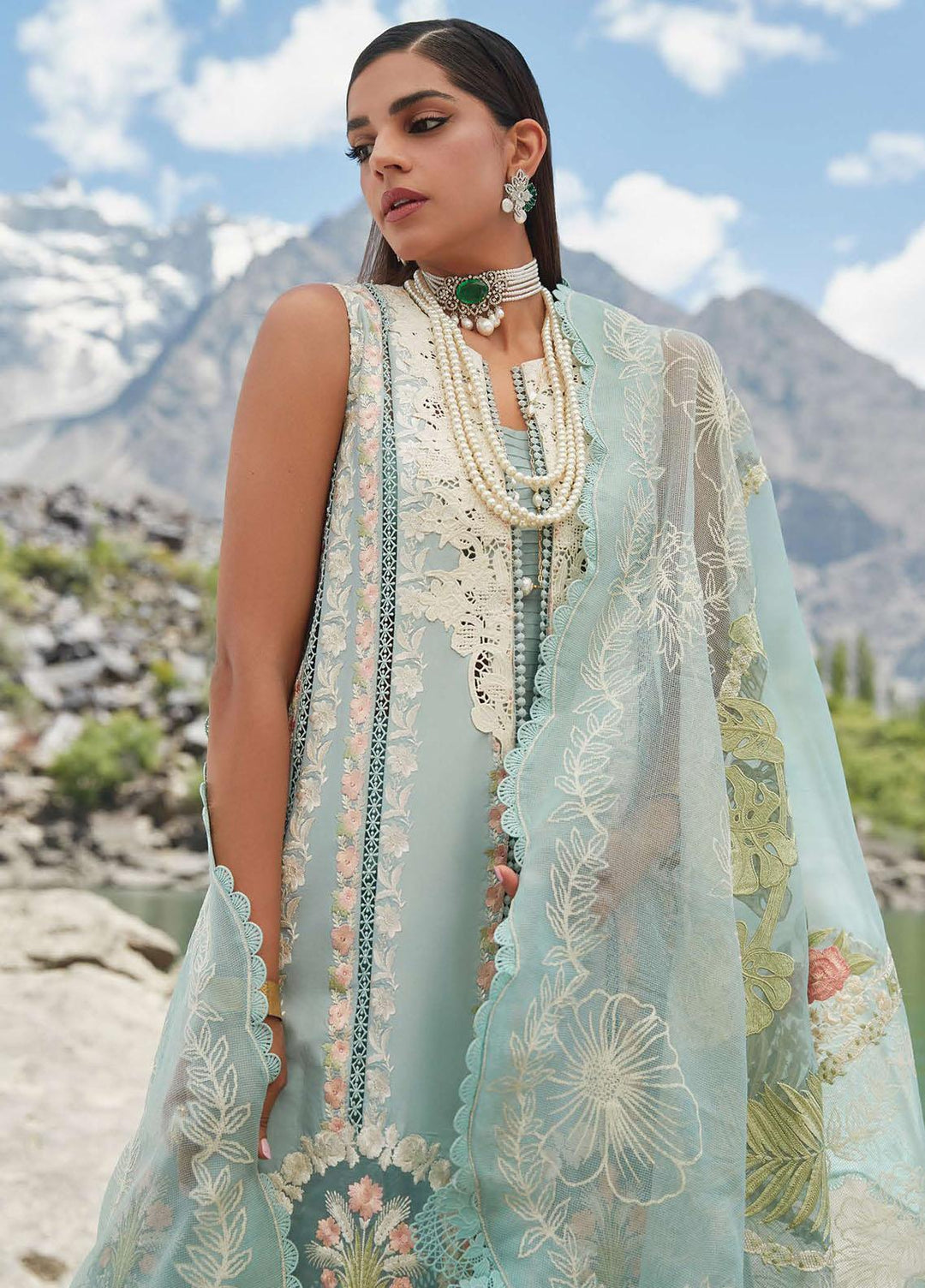 Crimson Embroidered Lawn Suits Unstitched 3 Piece CR23L 2A Aqua - Summer Collection