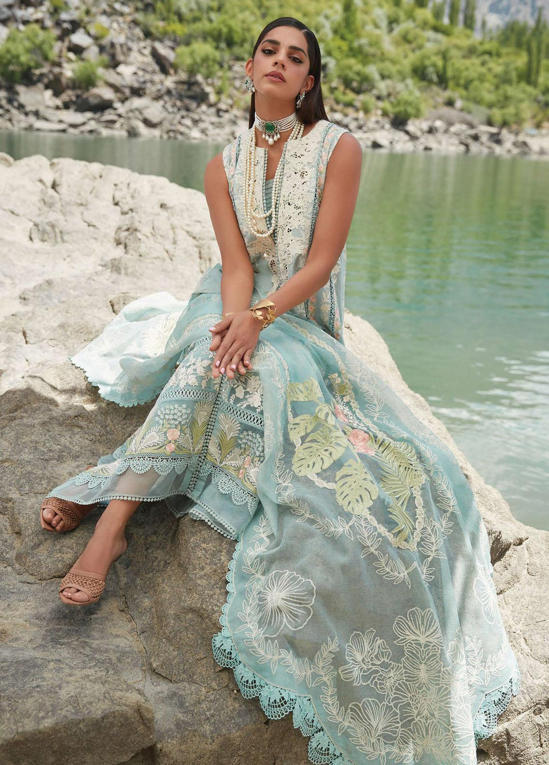 Crimson Embroidered Lawn Suits Unstitched 3 Piece CR23L 2A Aqua - Summer Collection