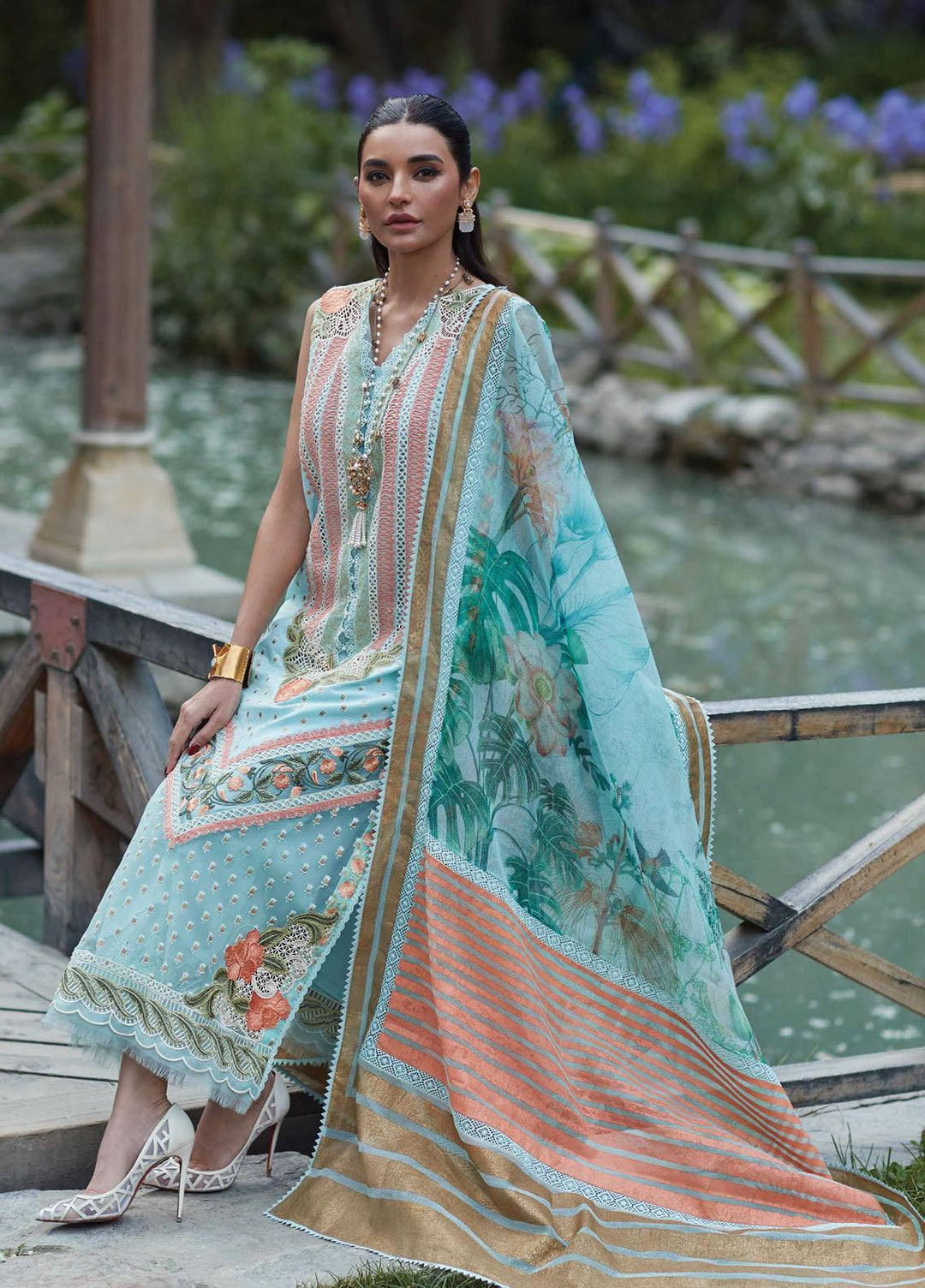 Crimson Embroidered Lawn Suits Unstitched 3 Piece CR23L 5B Turquoise - Summer Collection