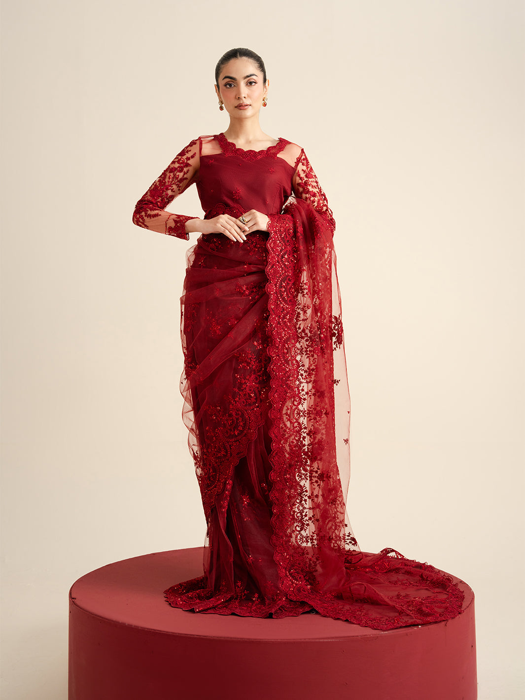 The Sarees Edit by Yards Unstitched Embroidered Net 4 Piece Suit Crimson Festive Collection