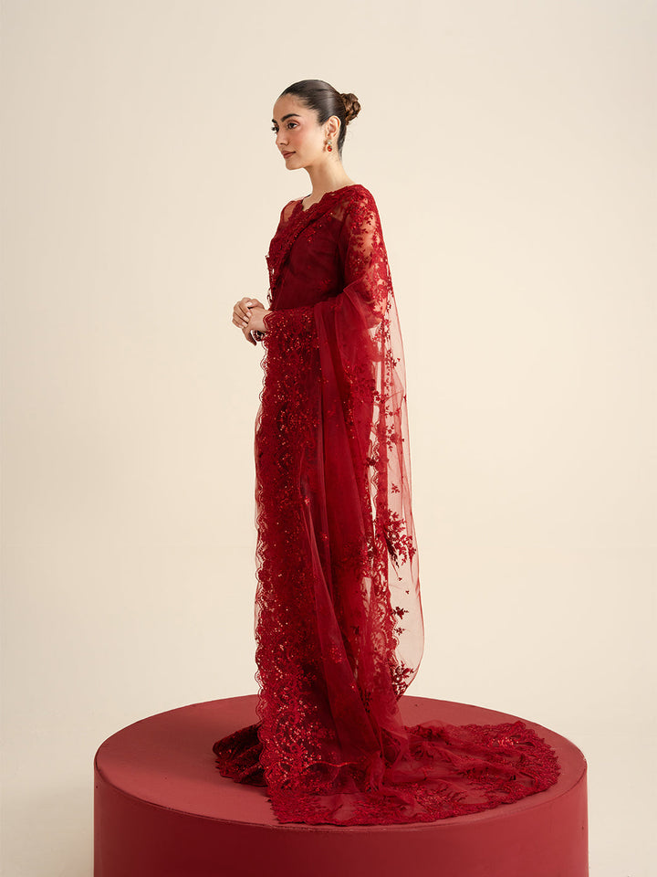 The Sarees Edit by Yards Unstitched Embroidered Net 4 Piece Suit Crimson Festive Collection