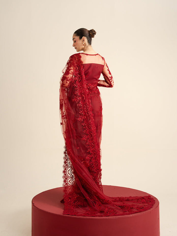 The Sarees Edit by Yards Unstitched Embroidered Net 4 Piece Suit Crimson Festive Collection