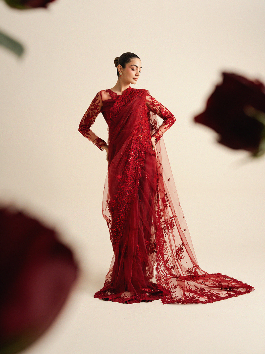 The Sarees Edit by Yards Unstitched Embroidered Net 4 Piece Suit Crimson Festive Collection