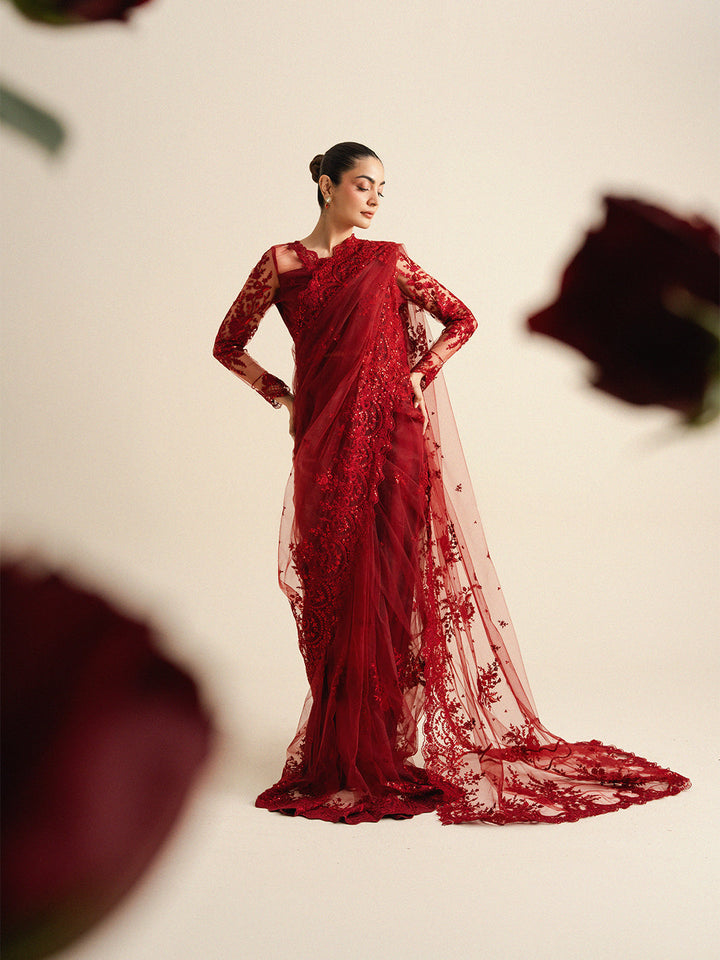 The Sarees Edit by Yards Unstitched Embroidered Net 4 Piece Suit Crimson Festive Collection