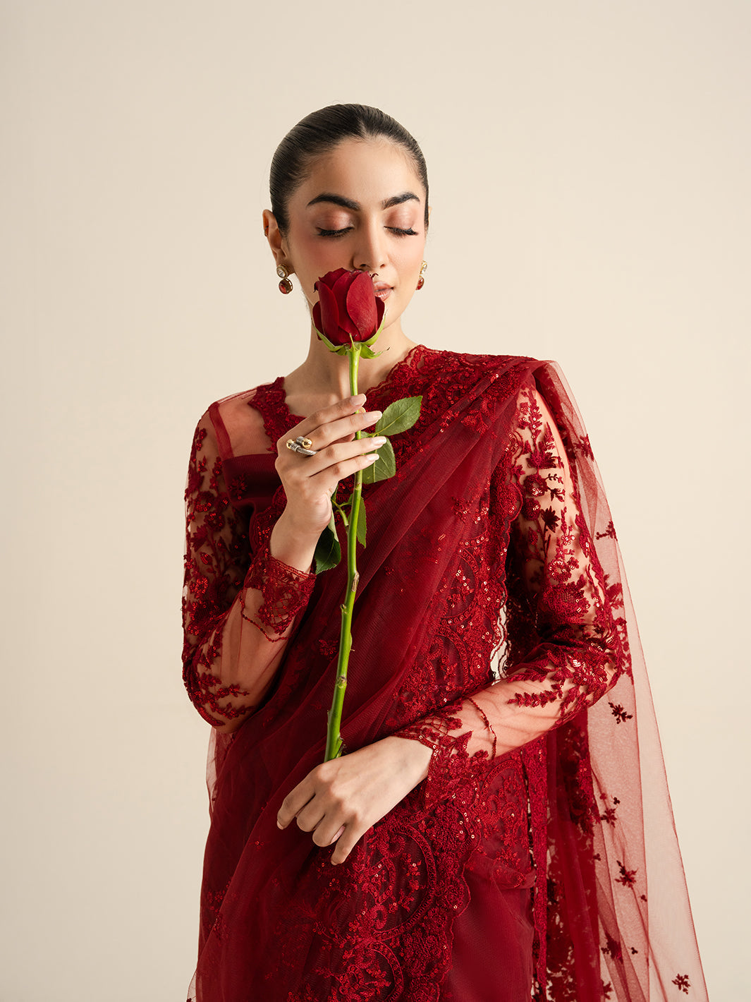 The Sarees Edit by Yards Unstitched Embroidered Net 4 Piece Suit Crimson Festive Collection