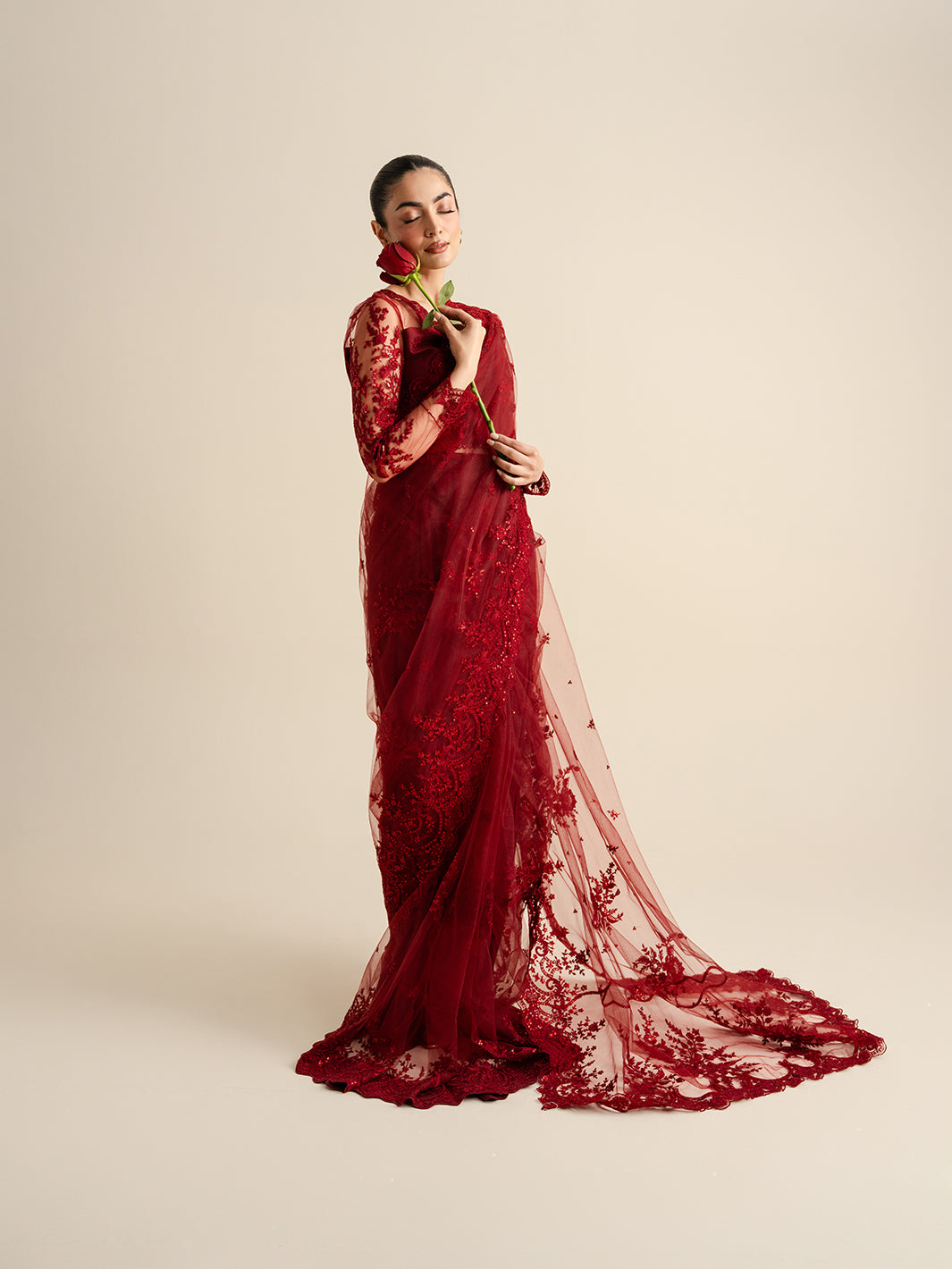 The Sarees Edit by Yards Unstitched Embroidered Net 4 Piece Suit Crimson Festive Collection
