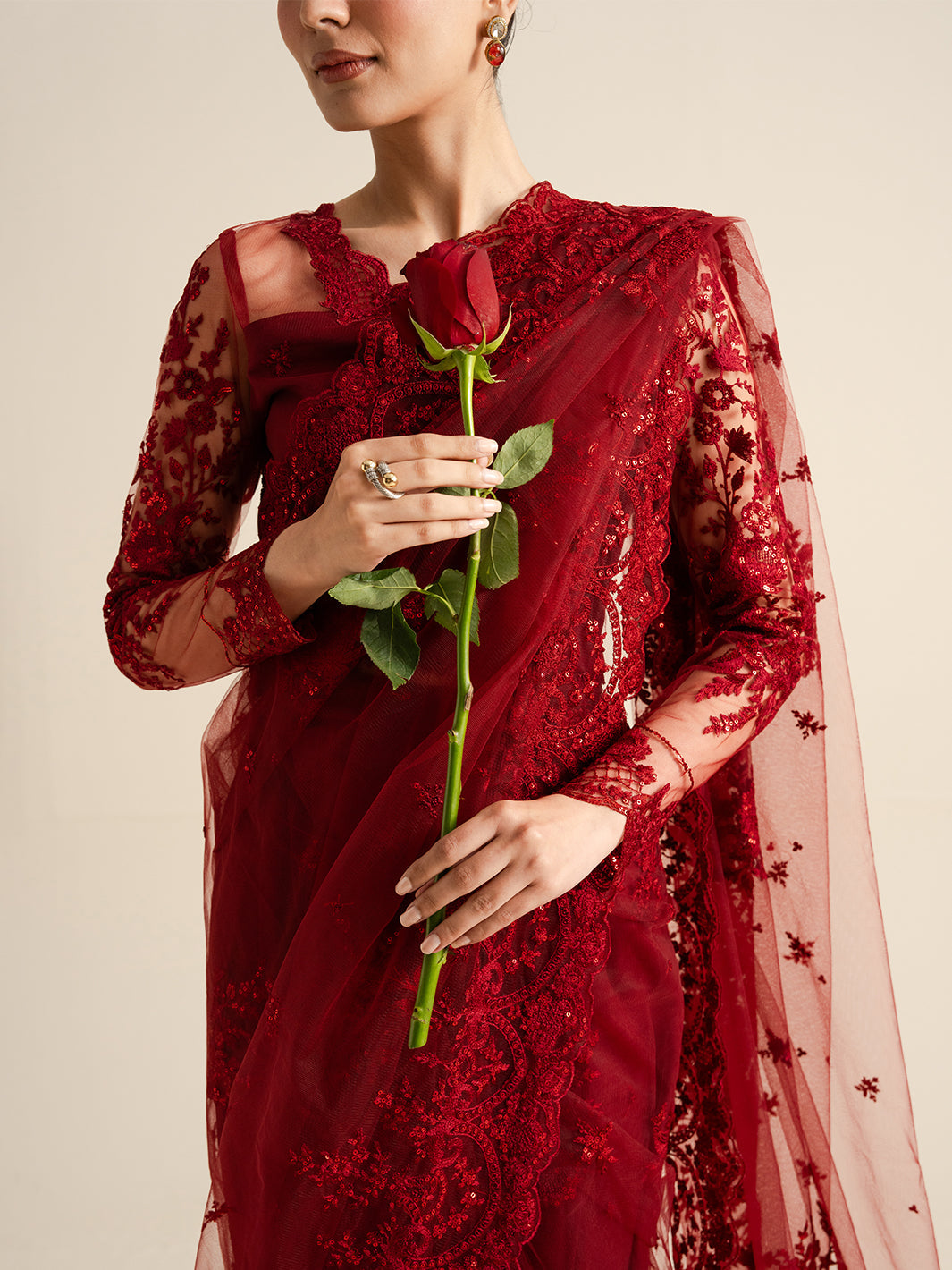 The Sarees Edit by Yards Unstitched Embroidered Net 4 Piece Suit Crimson Festive Collection