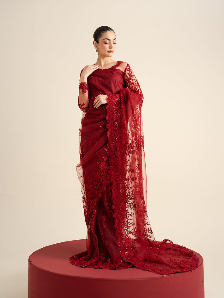 The Sarees Edit by Yards Unstitched Embroidered Net 4 Piece Suit Crimson Festive Collection