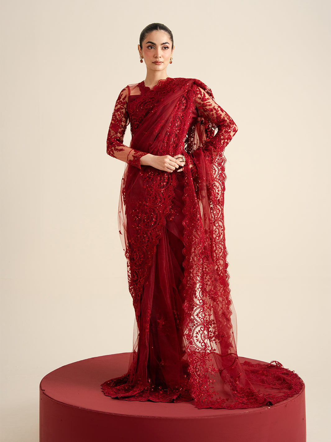 The Sarees Edit by Yards Unstitched Embroidered Net 4 Piece Suit Crimson Festive Collection