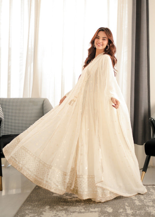 Mommy and Me by Abaan Zohan RTW Embroidered Chiffon 3 Piece Suit NAYAAB Off white - Festive Collection