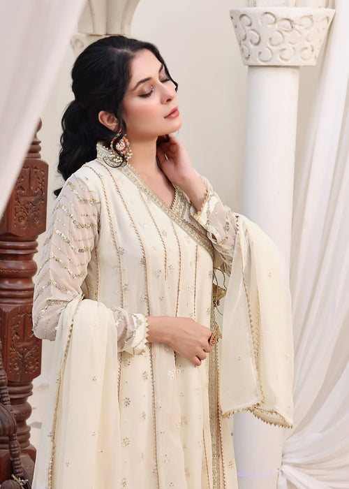 Mommy and Me by Abaan Zohan RTW Embroidered Chiffon 3 Piece Suit NAYAAB Off white - Festive Collection