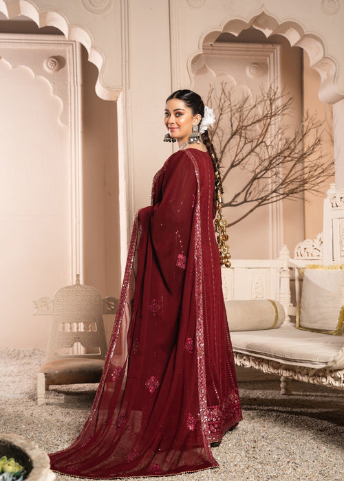 Rang e Haseen by Abaan Zohan RTW Embroidered chiffon 3 Piece Suit Zeno Maroon - Festive Collection