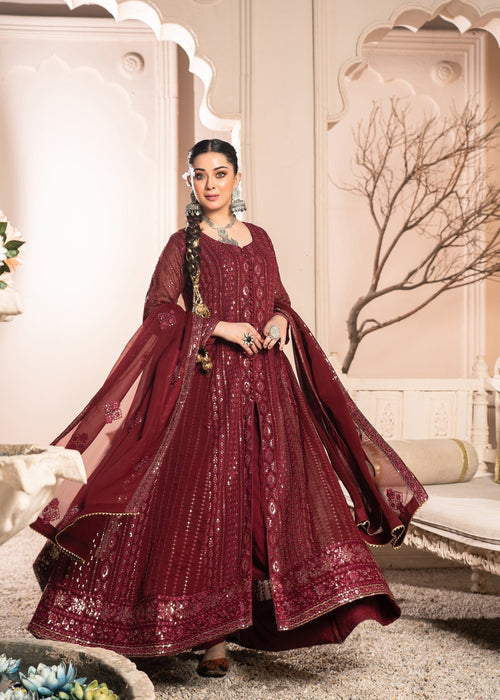 Rang e Haseen by Abaan Zohan RTW Embroidered chiffon 3 Piece Suit Zeno Maroon - Festive Collection