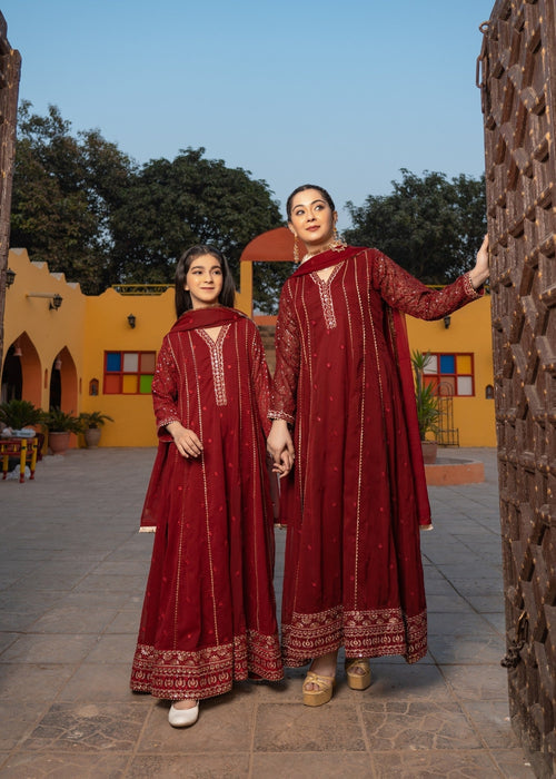 Mommy and Me by Abaan Zohan RTW Embroidered Chiffon 3 Piece Suit Kashish Maroon - Festive Collection