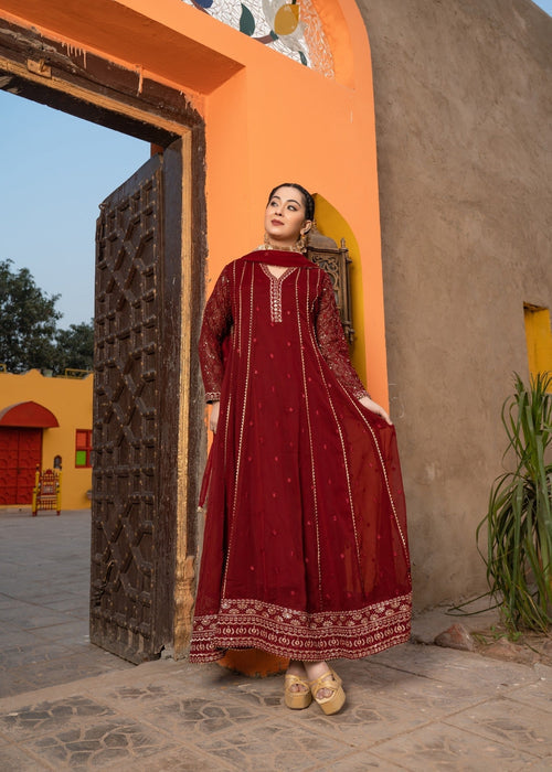 Mommy and Me by Abaan Zohan RTW Embroidered Chiffon 3 Piece Suit Kashish Maroon - Festive Collection
