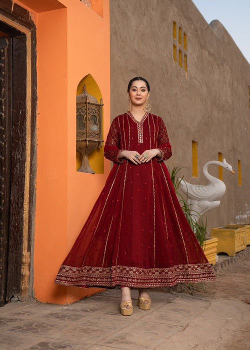 Mommy and Me by Abaan Zohan RTW Embroidered Chiffon 3 Piece Suit Kashish Maroon - Festive Collection