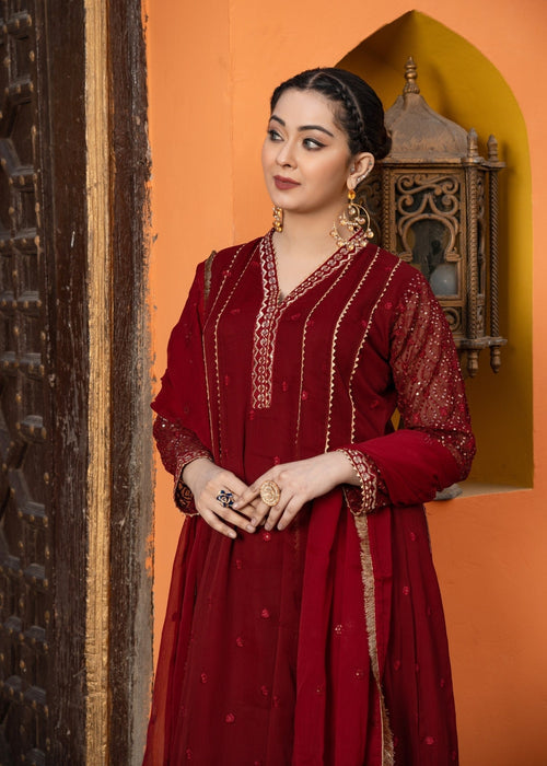 Mommy and Me by Abaan Zohan RTW Embroidered Chiffon 3 Piece Suit Kashish Maroon - Festive Collection