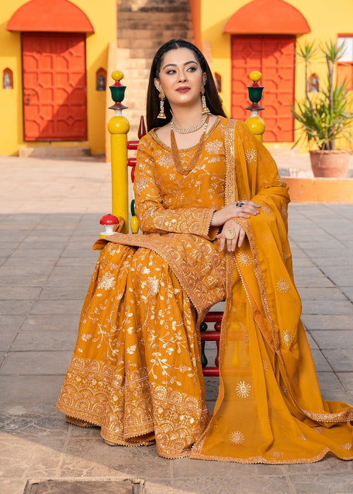Rang e Haseen by Abaan Zohan RTW Embroidered chiffon 3 Piece Suit Riwaj Mustard - Festive Collection