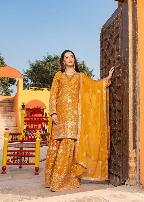 Rang e Haseen by Abaan Zohan RTW Embroidered chiffon 3 Piece Suit Riwaj Mustard - Festive Collection
