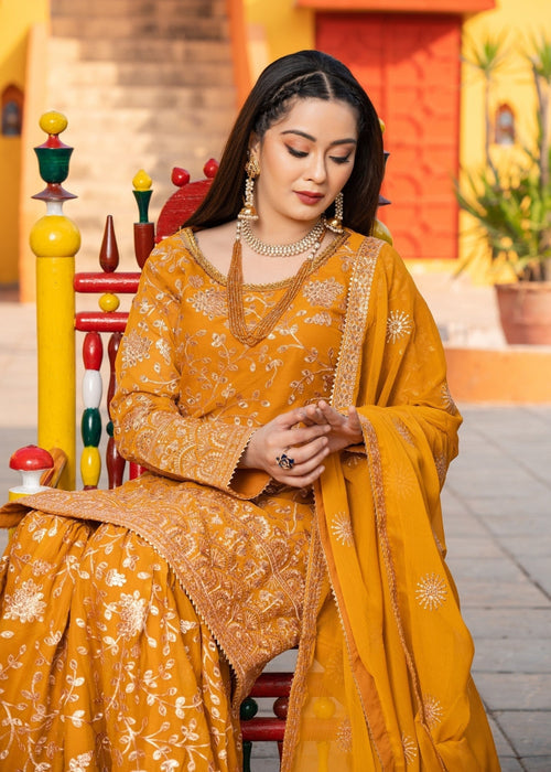 Rang e Haseen by Abaan Zohan RTW Embroidered chiffon 3 Piece Suit Riwaj Mustard - Festive Collection