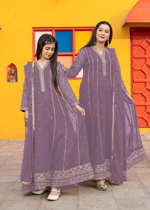 Mommy and Me by Abaan Zohan RTW Embroidered Chiffon 3 Piece Suit Kashish Kids Lilac - Festive Collection