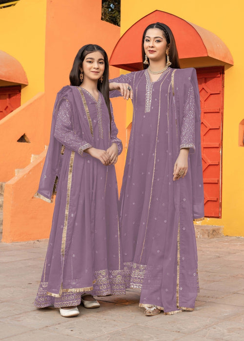 Mommy and Me by Abaan Zohan RTW Embroidered Chiffon 3 Piece Suit Kashish Kids Lilac - Festive Collection
