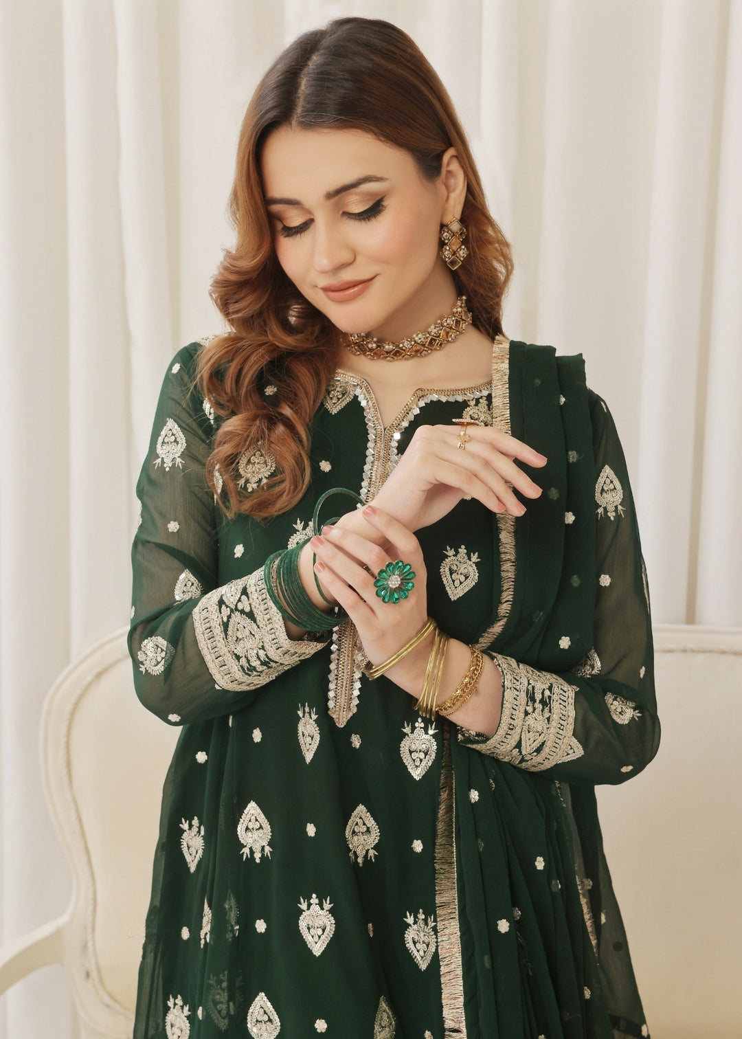 Mommy and Me by Abaan Zohan RTW Embroidered Chiffon 3 Piece Suit Raunak Green - Festive Collection