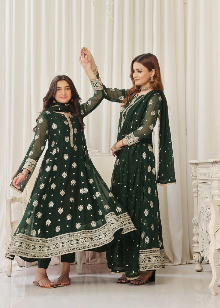 Mommy and Me by Abaan Zohan RTW Embroidered Chiffon 3 Piece Suit Raunak Green - Festive Collection