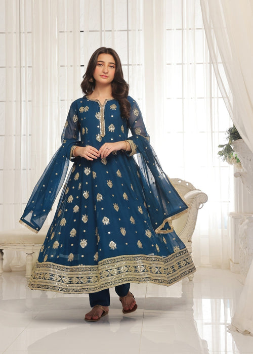 Mommy and Me by Abaan Zohan RTW Embroidered Chiffon 3 Piece Suit Raunak Kids Peacock - Festive Collection