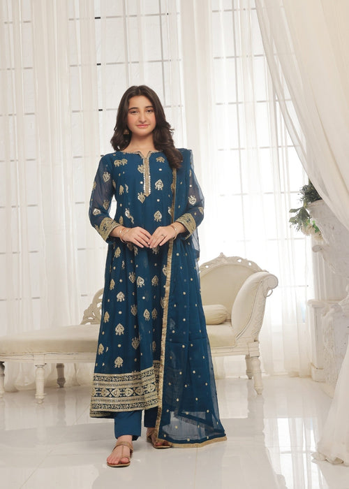Mommy and Me by Abaan Zohan RTW Embroidered Chiffon 3 Piece Suit Raunak Kids Peacock - Festive Collection