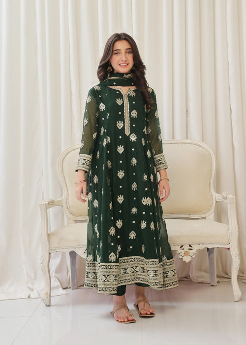 Mommy and Me by Abaan Zohan RTW Embroidered Chiffon 3 Piece Suit Raunak Kids Green - Festive Collection
