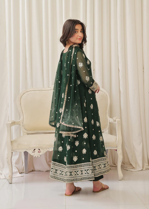 Mommy and Me by Abaan Zohan RTW Embroidered Chiffon 3 Piece Suit Raunak Kids Green - Festive Collection