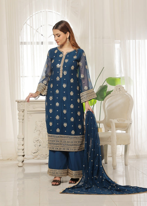 Mommy and Me by Abaan Zohan RTW Embroidered Chiffon 3 Piece Suit Ujala Peacock - Festive Collection