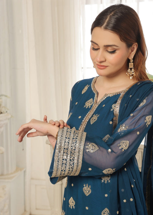 Mommy and Me by Abaan Zohan RTW Embroidered Chiffon 3 Piece Suit Ujala Peacock - Festive Collection