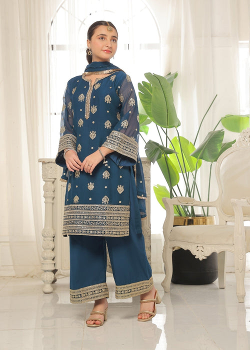 Mommy and Me by Abaan Zohan RTW Embroidered Chiffon 3 Piece Suit Ujala Kids Peacock - Festive Collection