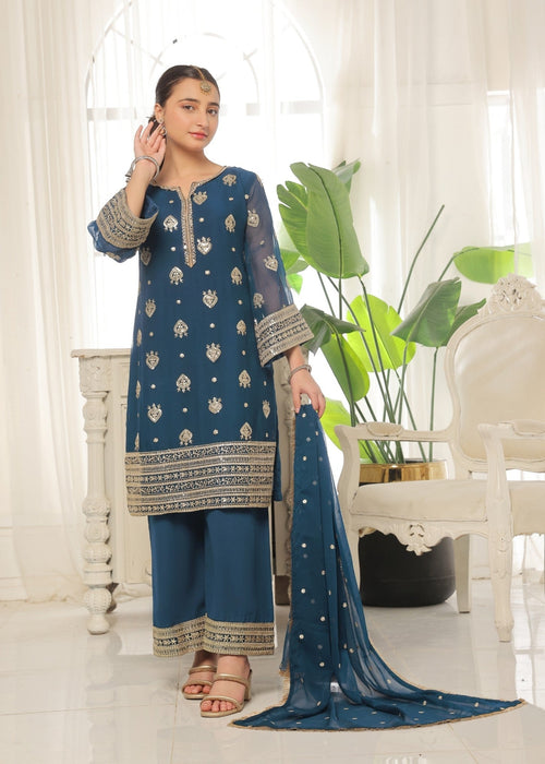 Mommy and Me by Abaan Zohan RTW Embroidered Chiffon 3 Piece Suit Ujala Kids Peacock - Festive Collection