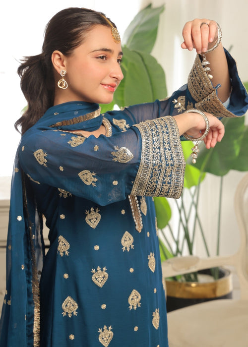 Mommy and Me by Abaan Zohan RTW Embroidered Chiffon 3 Piece Suit Ujala Kids Peacock - Festive Collection