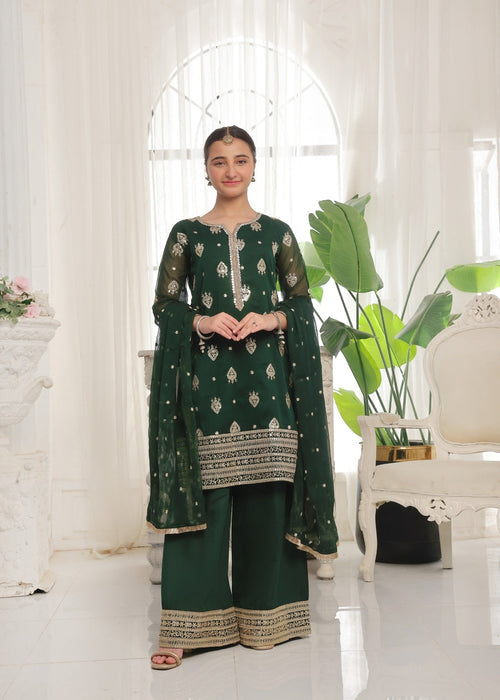 Mommy and Me by Abaan Zohan RTW Embroidered Chiffon 3 Piece Suit Ujala Kids Green - Festive Collection