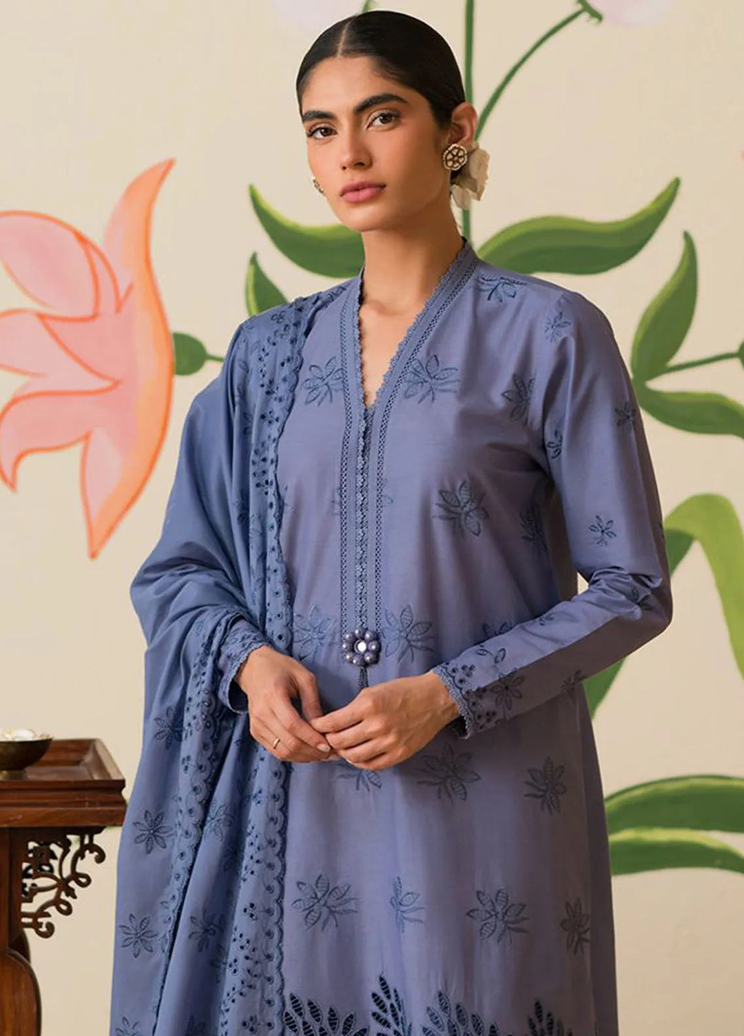 Cross Stitch Chikankari Embroidered Lawn Suit Unstitched 3 Piece CS24C-2 D-01 Blue Fern - Summer Collection