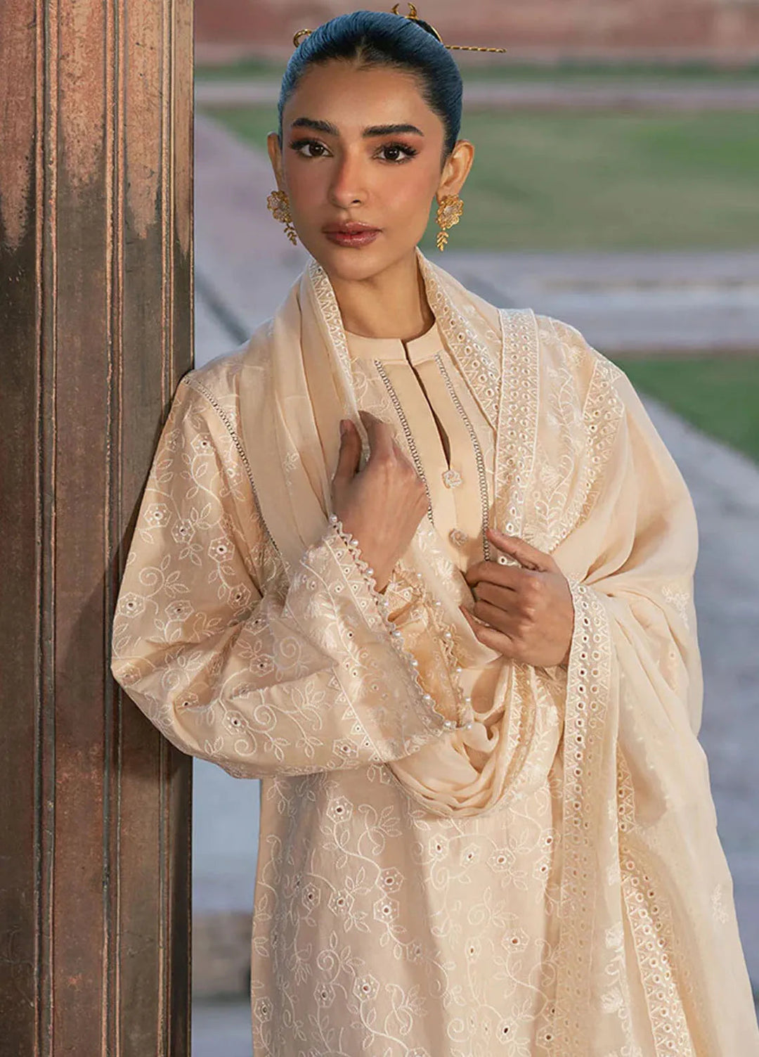 Cross Stitch Chikankari Lawn Suits Unstitched 3 Piece CS25CE Ecru Breeze - Summer Collection