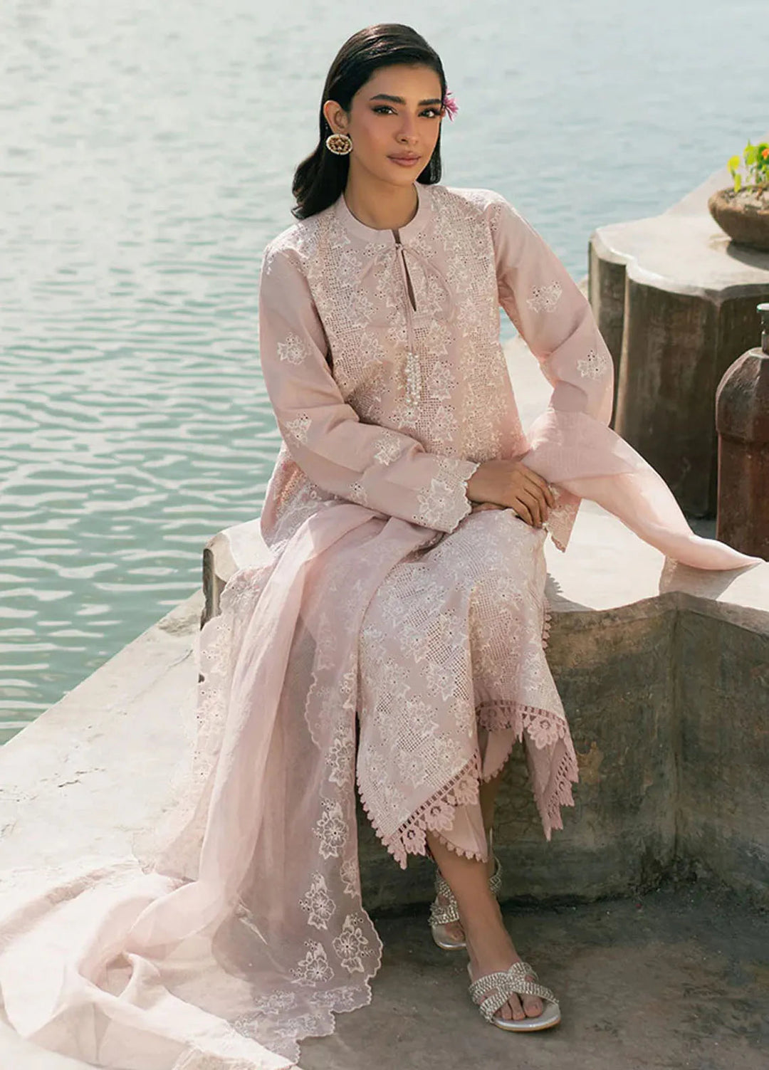 Cross Stitch Chikankari Lawn Suits Unstitched 3 Piece CS25CE Peach Floret - Summer Collection