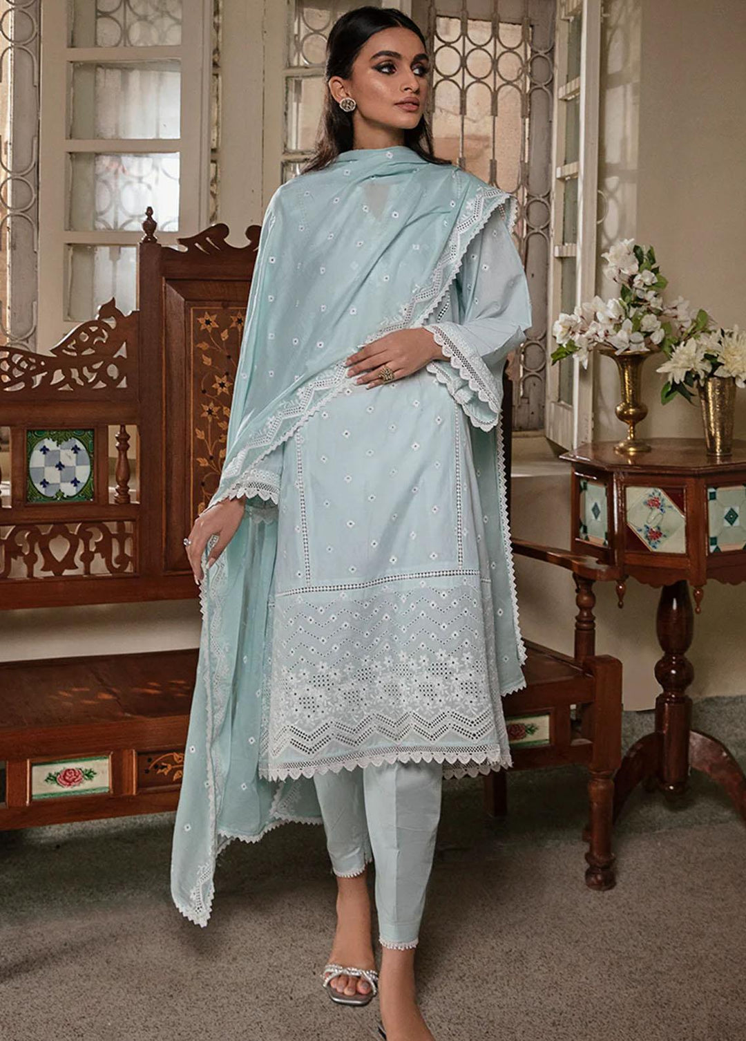 Cross Stitch Embroidered Lawn Suits Unstitched 3 Piece CS23CK BLUE GLAZE - Summer Collection
