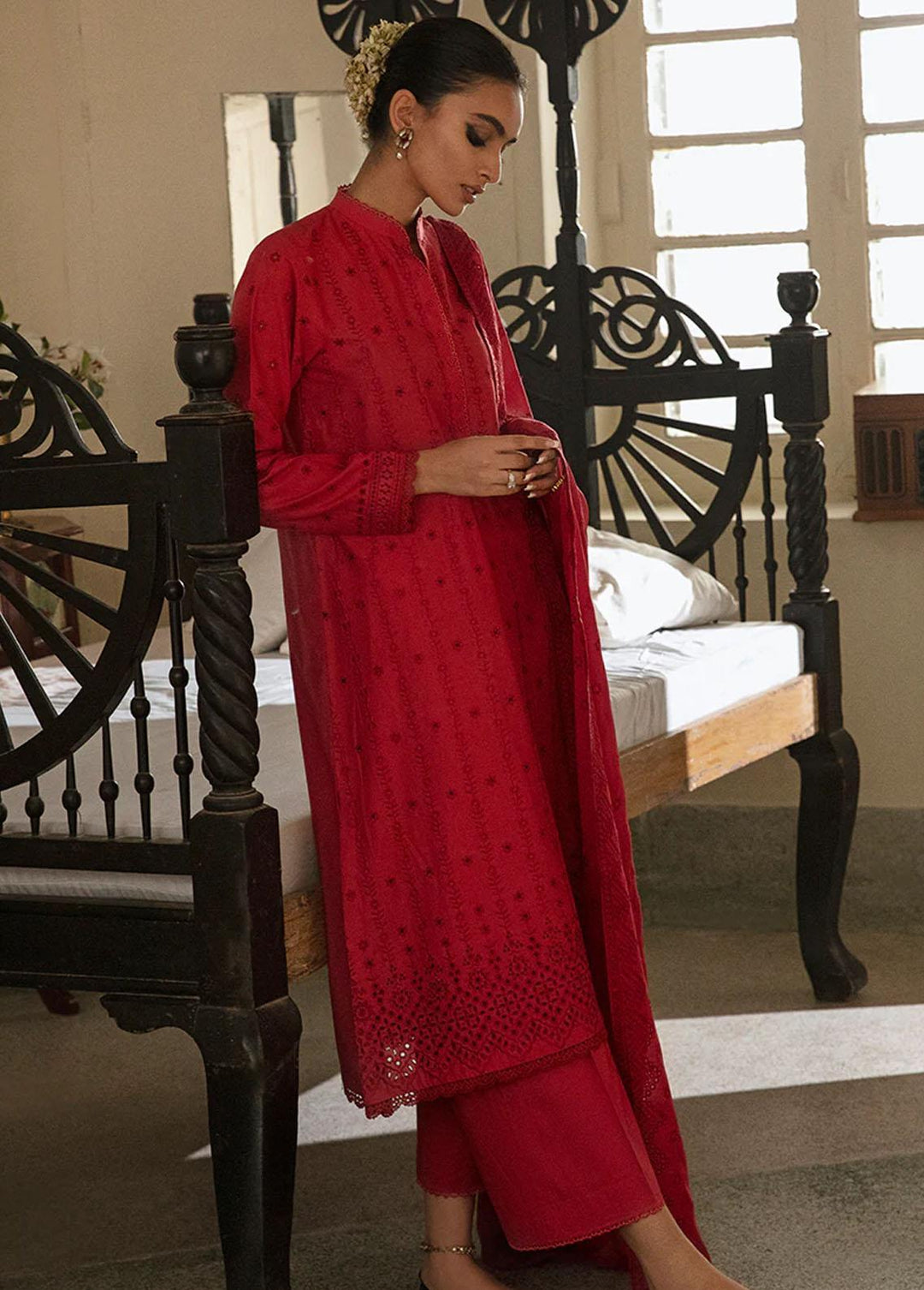 Cross Stitch Embroidered Lawn Suits Unstitched 3 Piece CS23CK RUBY RED - Summer Collection