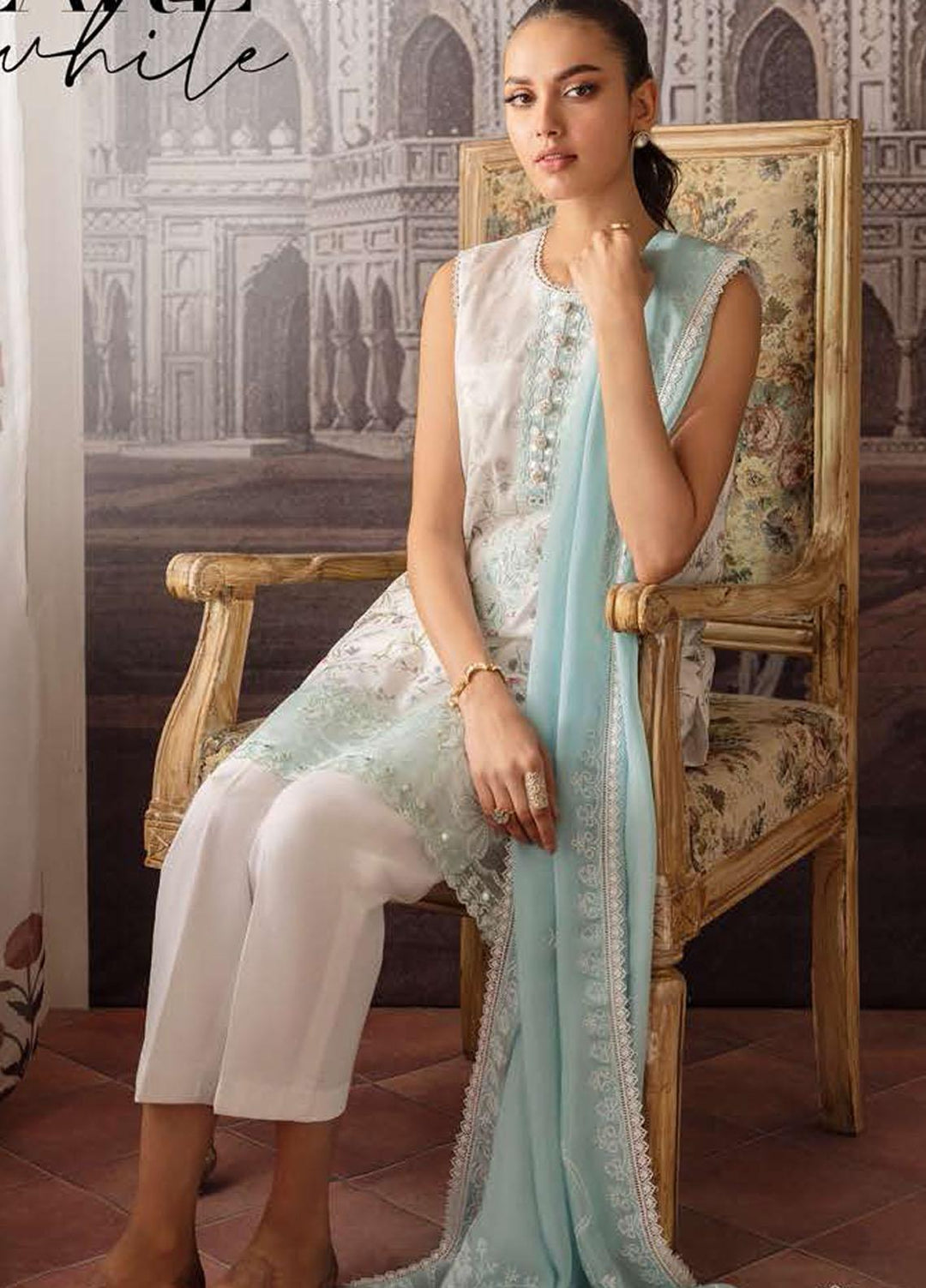 Cross Stitch Embroidered Lawn Suits Unstitched 3 Piece CS23EL 22 Pearl White - Eid Collection