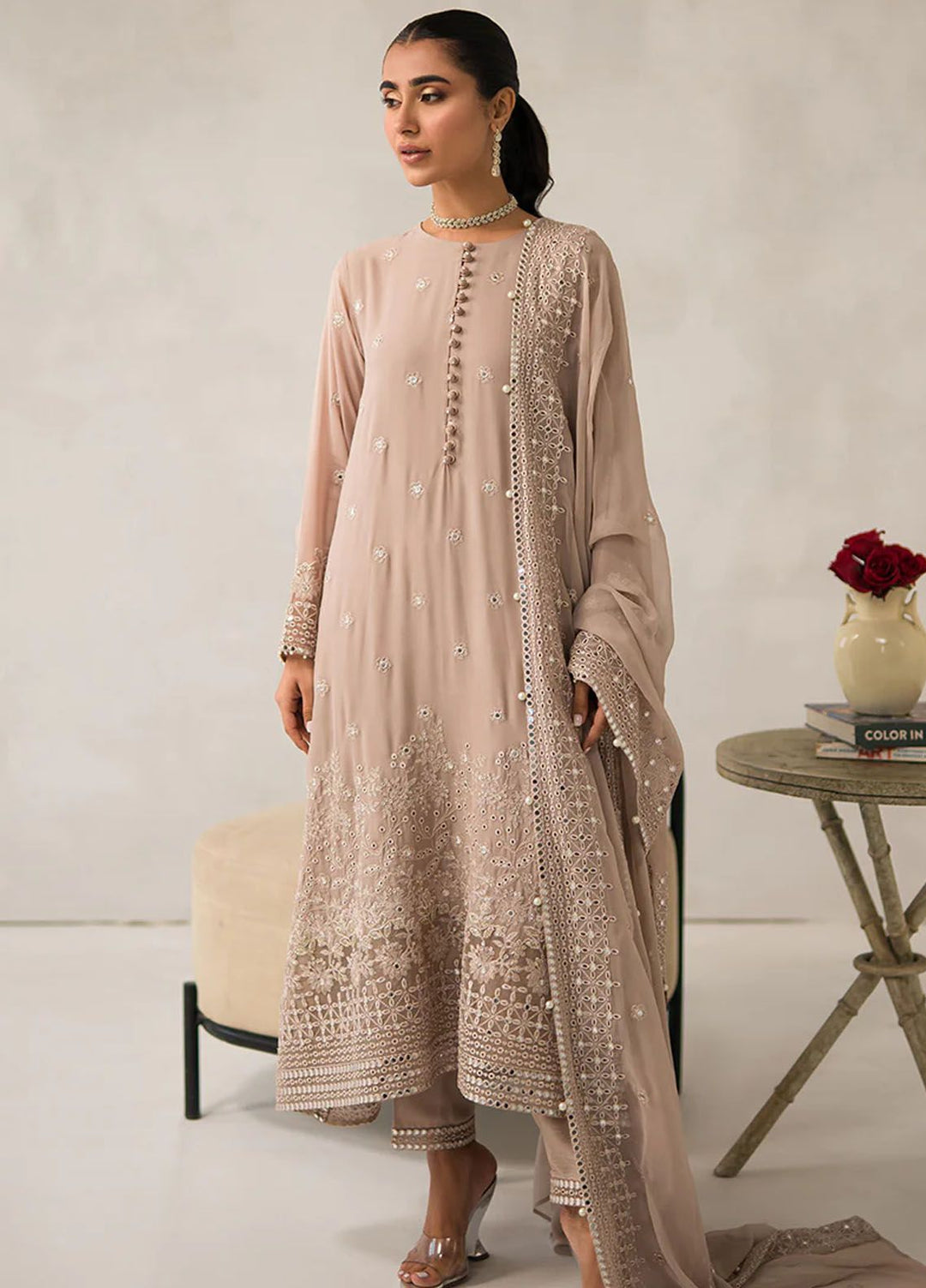 Cross Stitch Embroidered Chiffon Suits Unstitched 4 Piece CS24LA Maple Brown - Luxury Collection