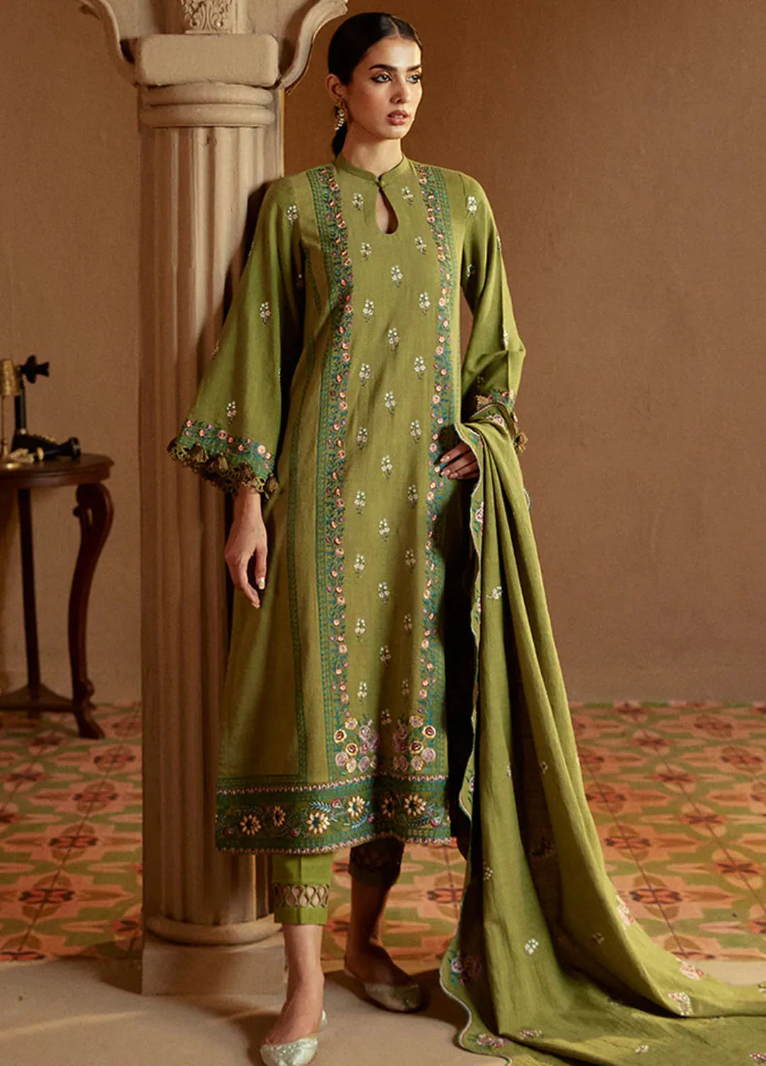 Cross Stitch Embroidered Khaddar Suits Unstitched 3 Piece CS24W Green Oasis - Winter Collection
