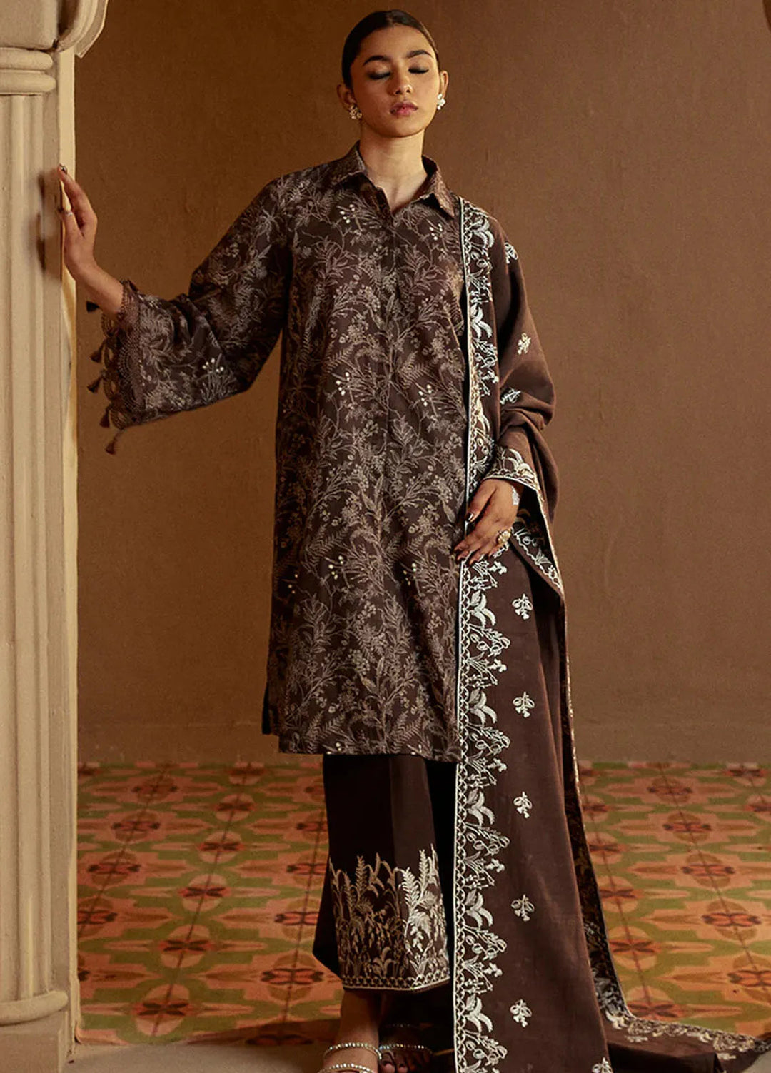 Cross Stitch Embroidered Khaddar Suits Unstitched 3 Piece CS24W Nutmeg Noir - Winter Collection