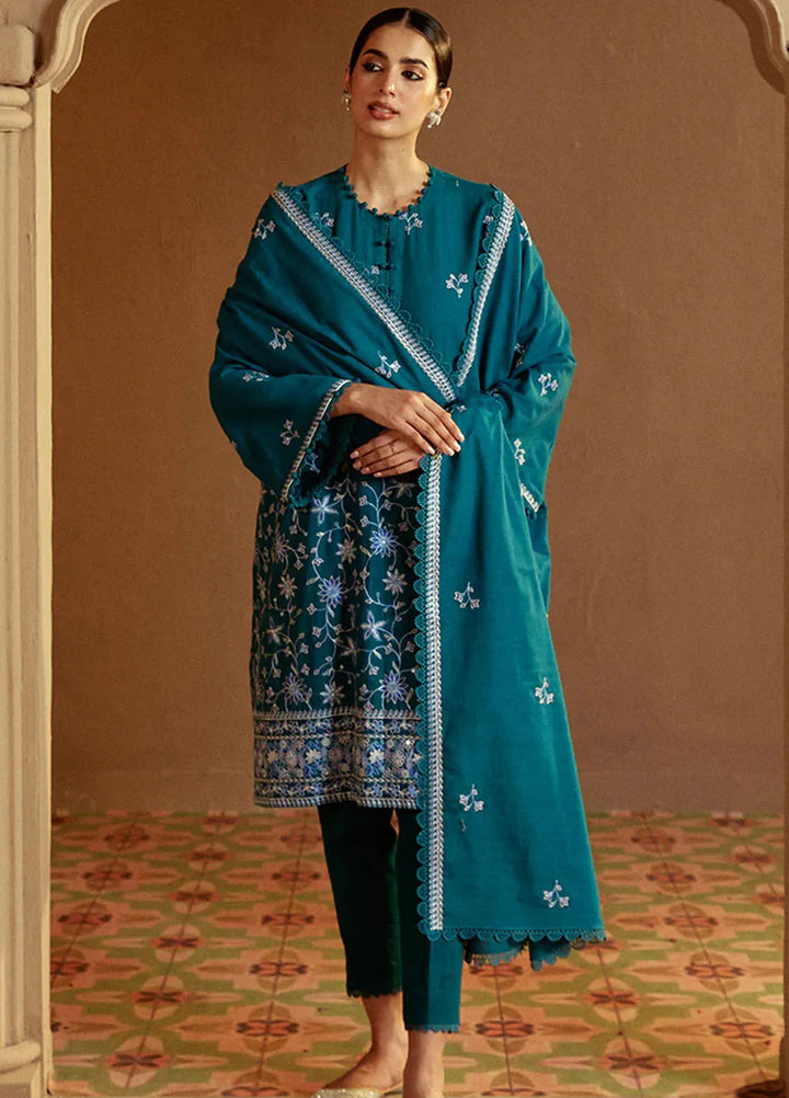 Cross Stitch Embroidered Khaddar Suits Unstitched 3 Piece CS24W Turquoise Meadow - Winter Collection