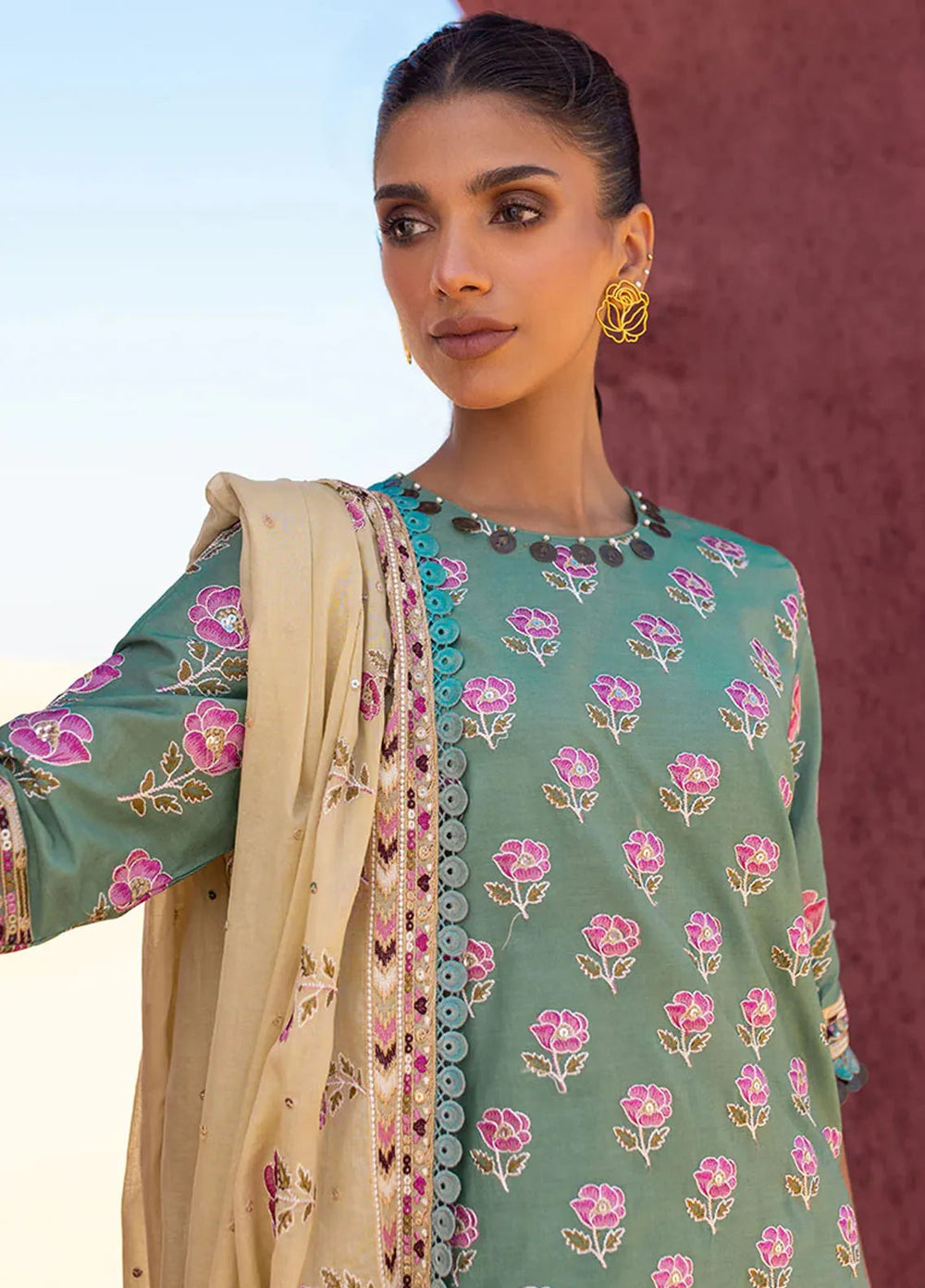 Cross Stitch Embroidered Lawn Suit Unstitched 3 Piece CS24EL2  Chartreuse Gold - Summer Collection